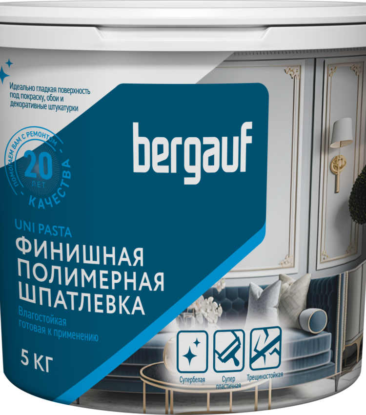 Шпаклевка финишная полимерная, влагостойкая, Bergauf Uni Pasta, 25 кг
