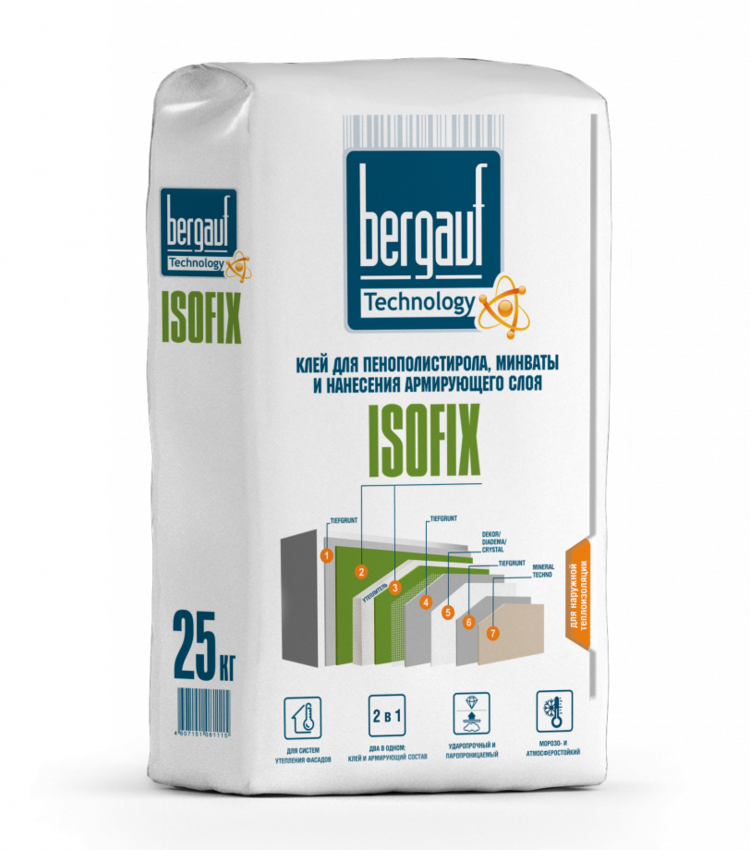 Клей для пенополистирола, минваты и нанесения армирующего слоя Bergauf Isofix 25 кг